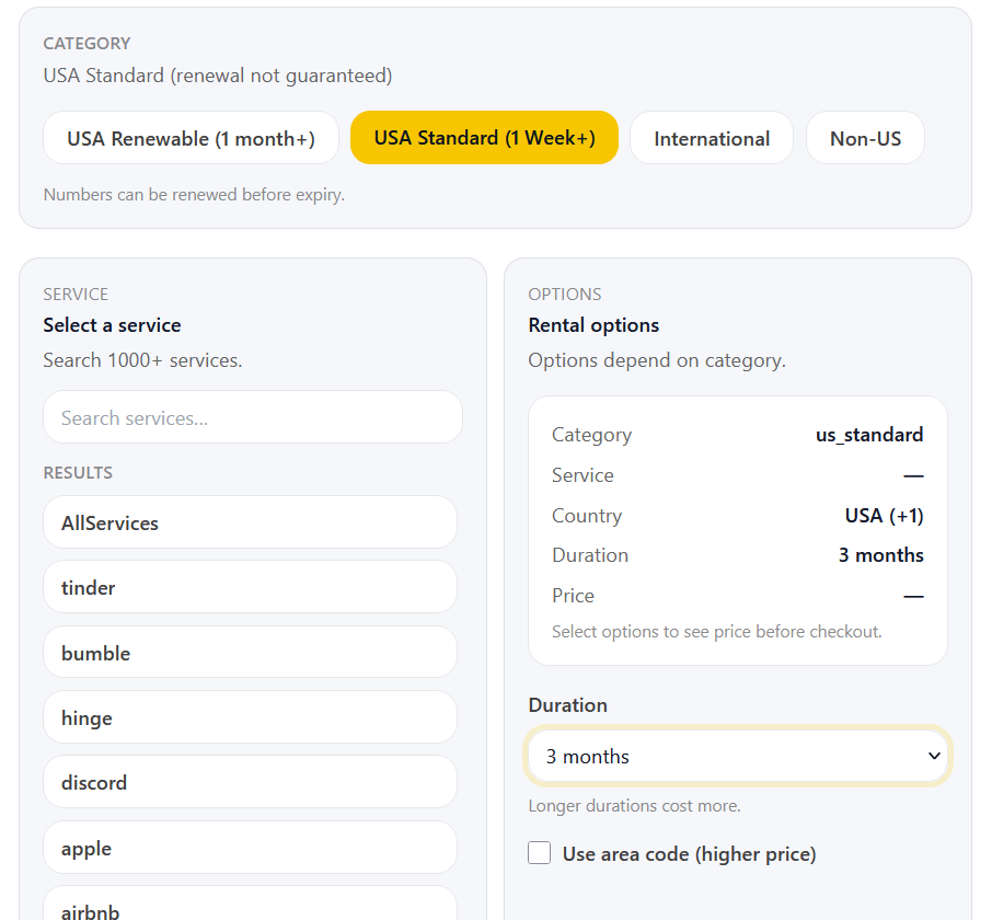 WantSMS rental numbers dashboard showing duration options, renewal note, and AllServices selection