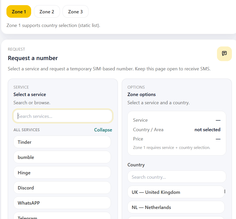 WantSMS dashboard (temporary numbers): zone 1 with service selection and country list