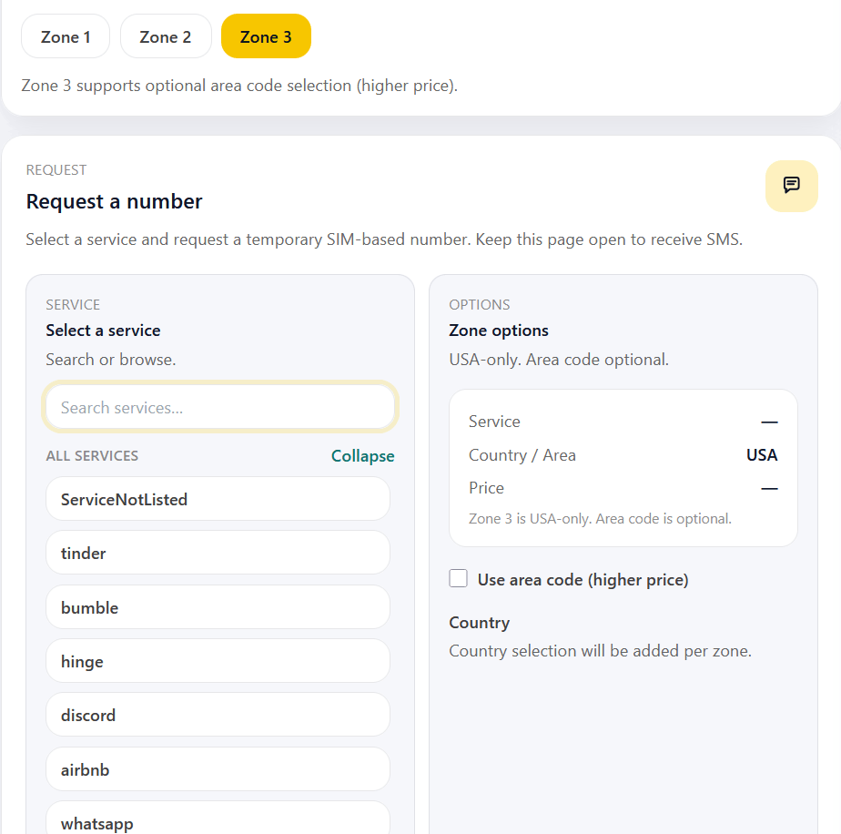 WantSMS dashboard (temporary numbers): Zone 3 with optional US area code selection